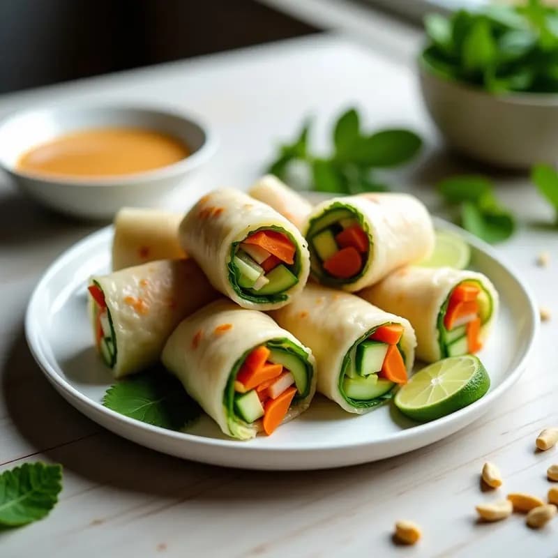 Plato blanco con rollitos vietnamitas veganos cortados por la mitad, mostrando su relleno de tofu, zanahoria, pepino y hierbas frescas, acompañados de salsa de cacahuete y lima en un bol pequeño.