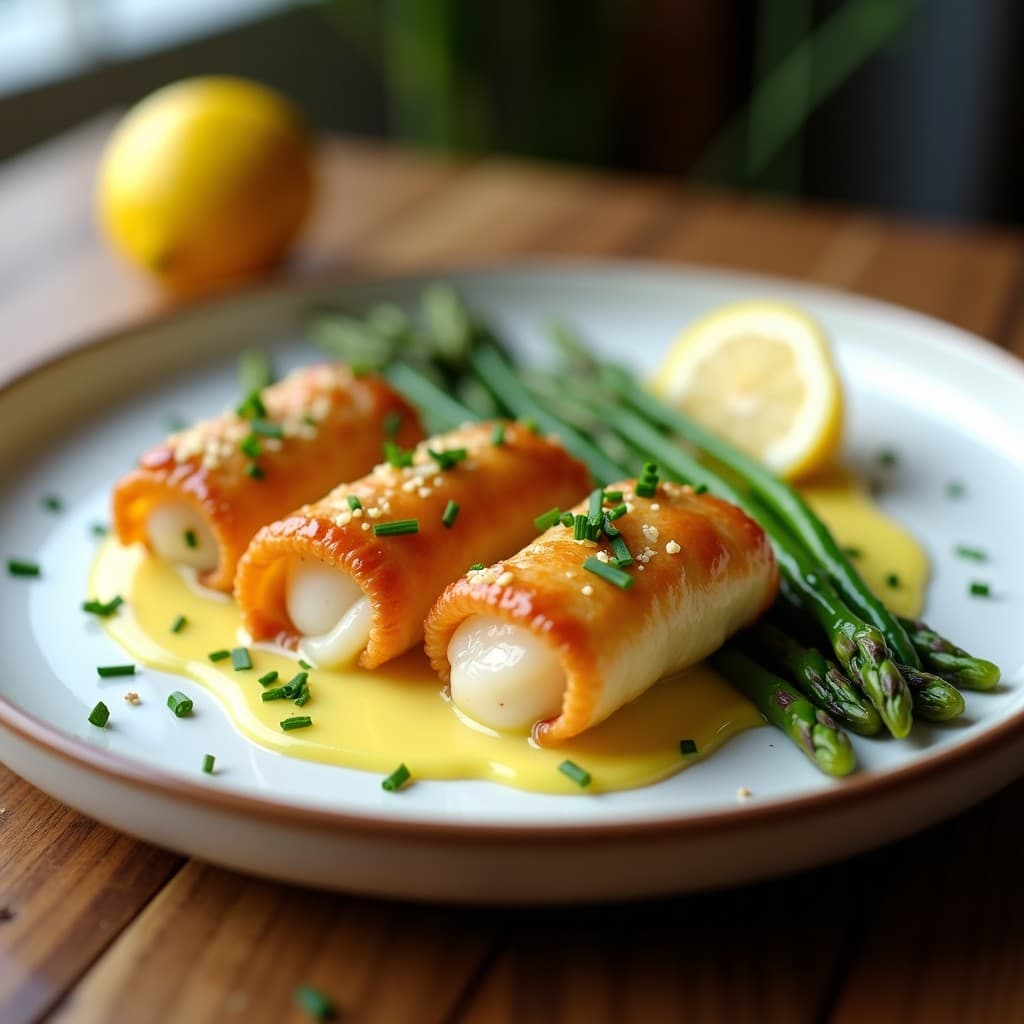 Rollitos dorados de zamburiñas y espárragos trigueros sobre un plato blanco rústico, bañados en salsa de azafrán cremosa y espolvoreados con cebollino fresco. Receta gallega en airfryer con textura crujiente y presentación elegante.