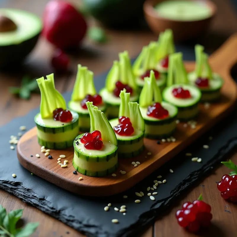 Rollitos de zucchini verde en láminas finas rellenos de crema de aguacate cremosa y caviar de remolacha vibrante, decorados con semillas de sésamo negro y hojas de cilantro sobre una bandeja de madera rústica. Receta crudivegana y gourmet.