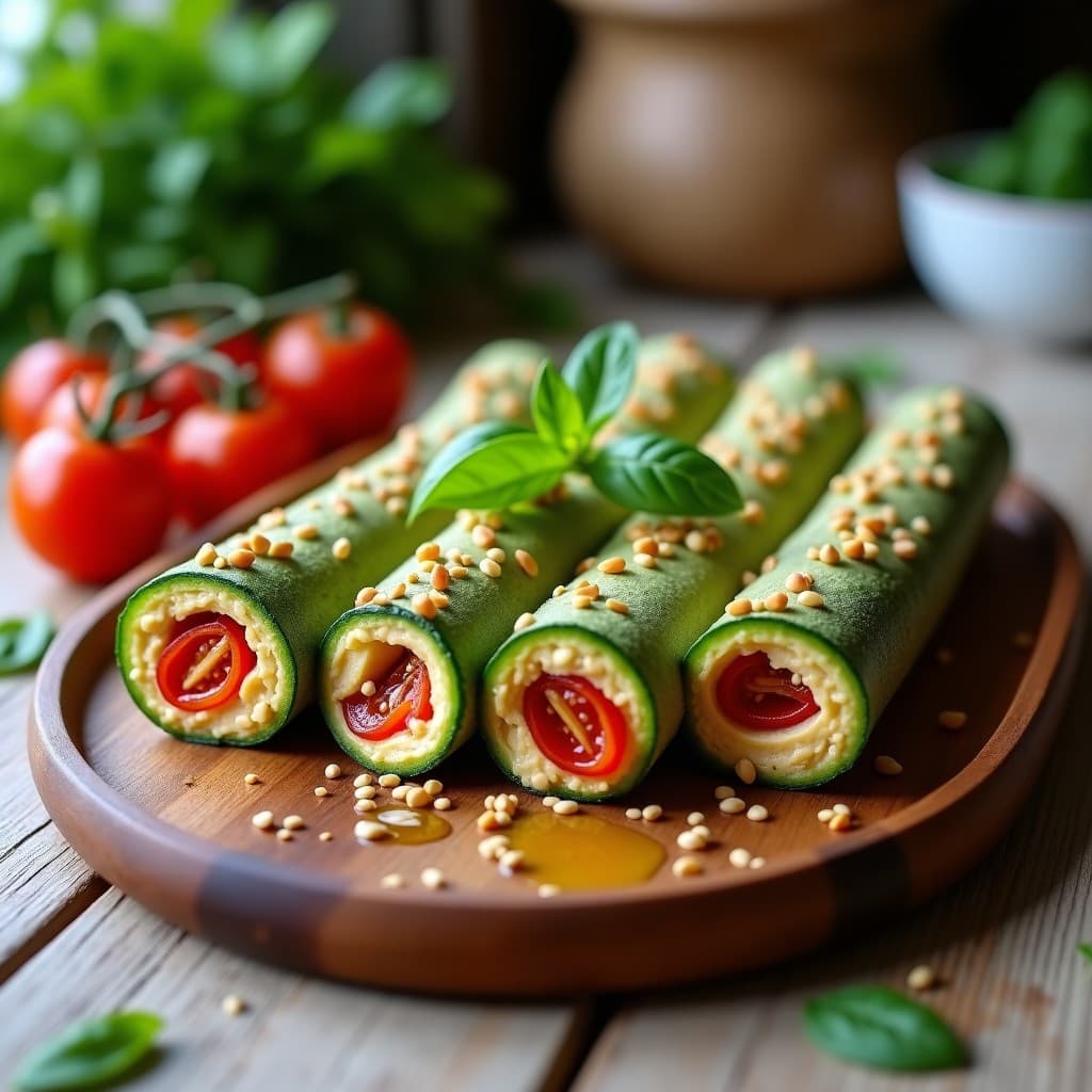Rollitos de zucchini rellenos de hummus cremoso y tomates secos, decorados con hojas de albahaca y semillas de sésamo tostado, servidos en una fuente blanca sobre fondo rústico.