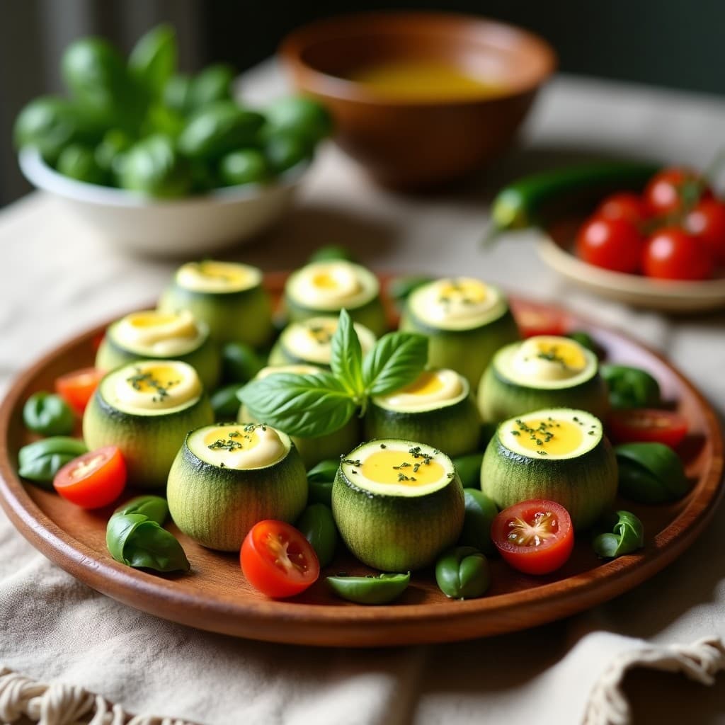 Rollitos de zucchini rellenos de queso de anacardo y hierbas provenzales, presentados en bandeja de madera con hoja de albahaca fresca y tomates cherry como decoración, entrada vegana y sin gluten.