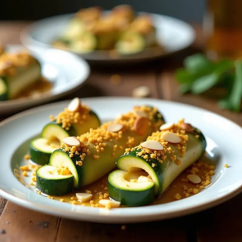 Rollitos de zucchini rellenos de queso de cabra y bee pollen sobre bandeja blanca, con almendras fileteadas y miel, entrante gourmet listo para servir.