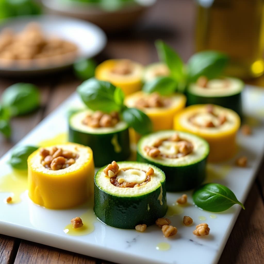 Rollitos de zucchini verdes y amarillos rellenos de queso de cabra vegano cremoso y nueces picadas, servidos en bandeja blanca con hojas de albahaca fresca y aceite de oliva virgen extra, aperitivo crudivegano sin cocción.