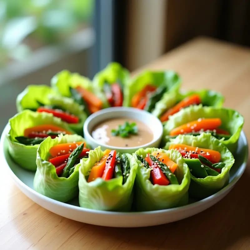 Rollo de primavera crudivegano con salsa de tamari servido en plato blanco, mostrando hojas de lechuga rellenas de zanahoria, pimiento, aguacate y brotes de alfalfa, acompañado de salsa oscura y semillas de sésamo negro.
