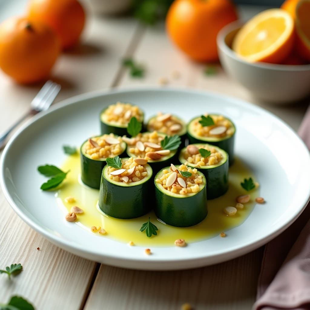 Rollos de calabacín rellenos de quinoa y zumo de naranja en Thermomix, presentados en un plato blanco con perejil fresco y almendras fileteadas, receta vegana alta en vitamina C.