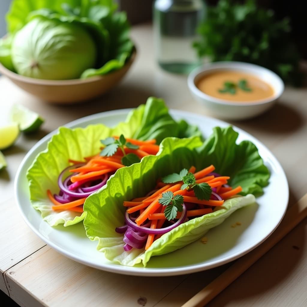 Rollos de lechuga romana rellenos de zanahoria morada, pimiento rojo y hierbas frescas, servidos en un plato blanco con salsa de cacahuete y lima al lado. Decorados con semillas de sésamo y rodajas de lima.