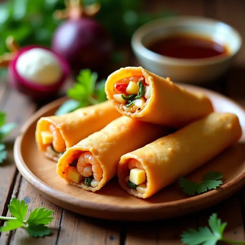 Rollos de primavera dorados y crujientes con relleno de camarones y mangostán, servidos en bandeja de madera con salsa tailandesa y trozos de mangostán fresco alrededor. Plato colorido y apetitoso, típico aperitivo tailandés hecho en airfryer.