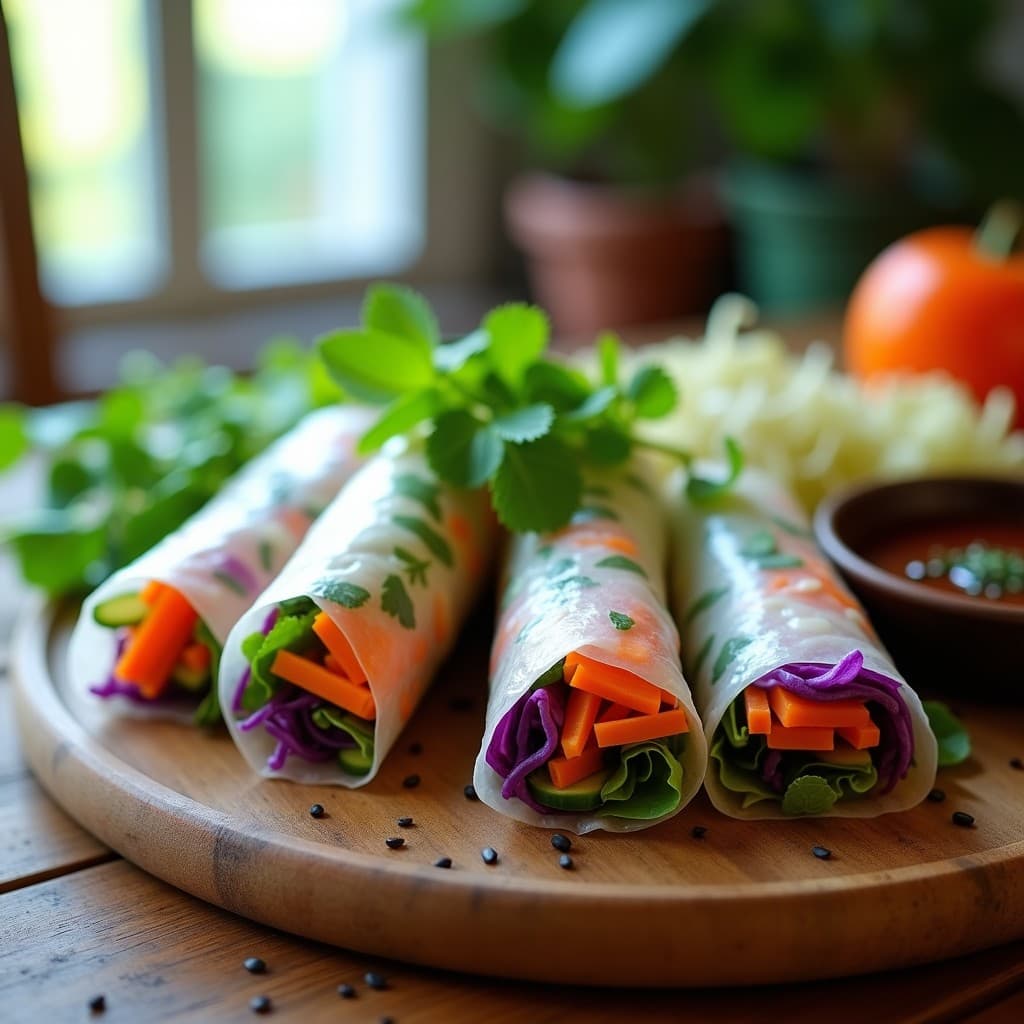 Rollos de primavera de col morada y zanahoria en papel de arroz transparente, cortados por la mitad para mostrar el relleno colorido de juliana de zanahoria naranja, col morada, pepino verde y germinados. Acompañados de una salsa oscura en un bol pequeño y decorados con semillas de sésamo negro sobre una tabla de madera rústica.
