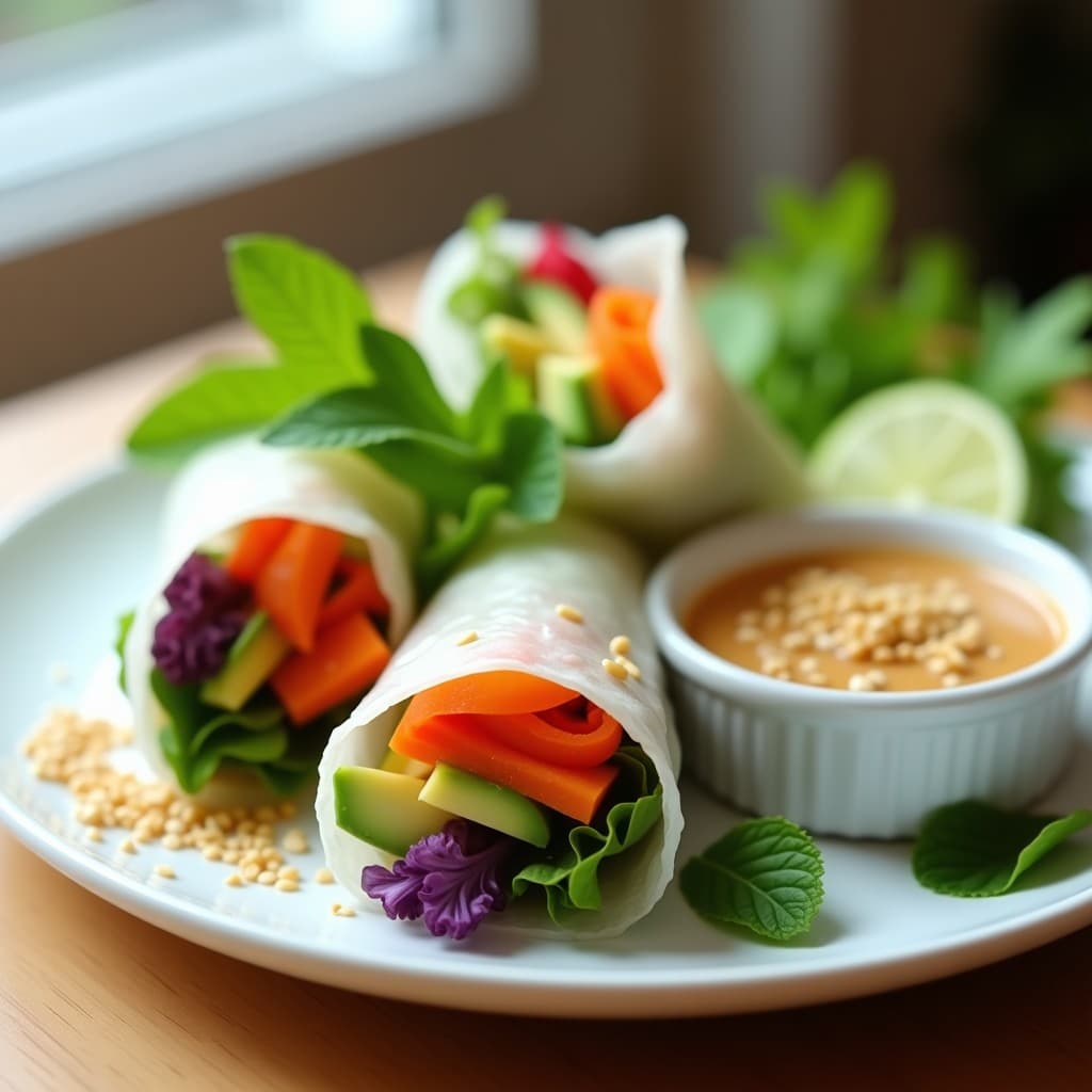 Rollos de primavera crudiveganos vietnamitas cortados por la mitad, mostrando su relleno colorido de zanahoria morada, pepino, pimiento rojo y aguacate, servidos sobre un plato blanco con salsa de cacahuete y lima al lado, decorados con semillas de sésamo y hojas de menta.