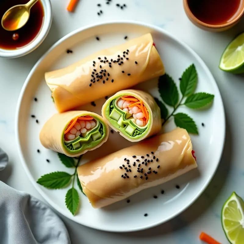 Plato blanco con rollos de primavera Vieta-Keto cortados por la mitad, mostrando el relleno de mousse de aguacate cremosa, langostinos dorados y vegetales frescos, decorados con semillas de sésamo negro y hojas de menta.
