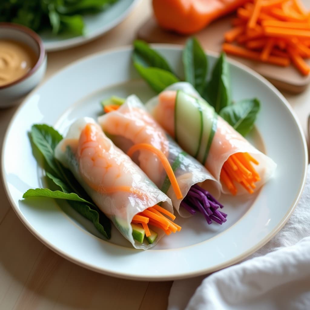 Plato blanco con rollos de primavera vietnamitas de papel de arroz transparente rellenos de gambas rosadas, zanahoria naranja, pepino verde y hierbas frescas, acompañados de salsa de cacahuete cremosa en un bol pequeño. Receta de rollos de primavera con papel de arroz y gambas.