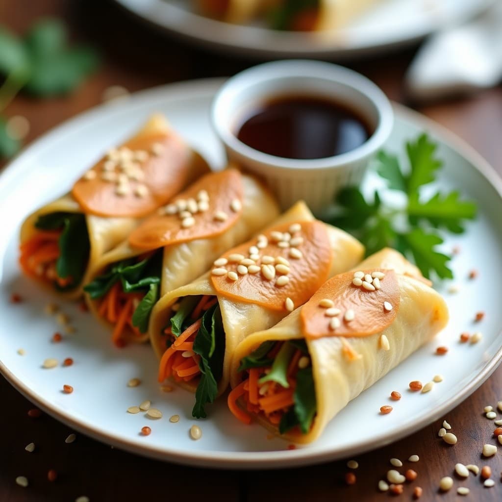 Rollos de primavera veganos dorados y crujientes con filloas de arroz, rellenos de tofu, espinacas y zanahoria, servidos con salsa de tamari y semillas de sésamo, receta en airfryer sin fritura.