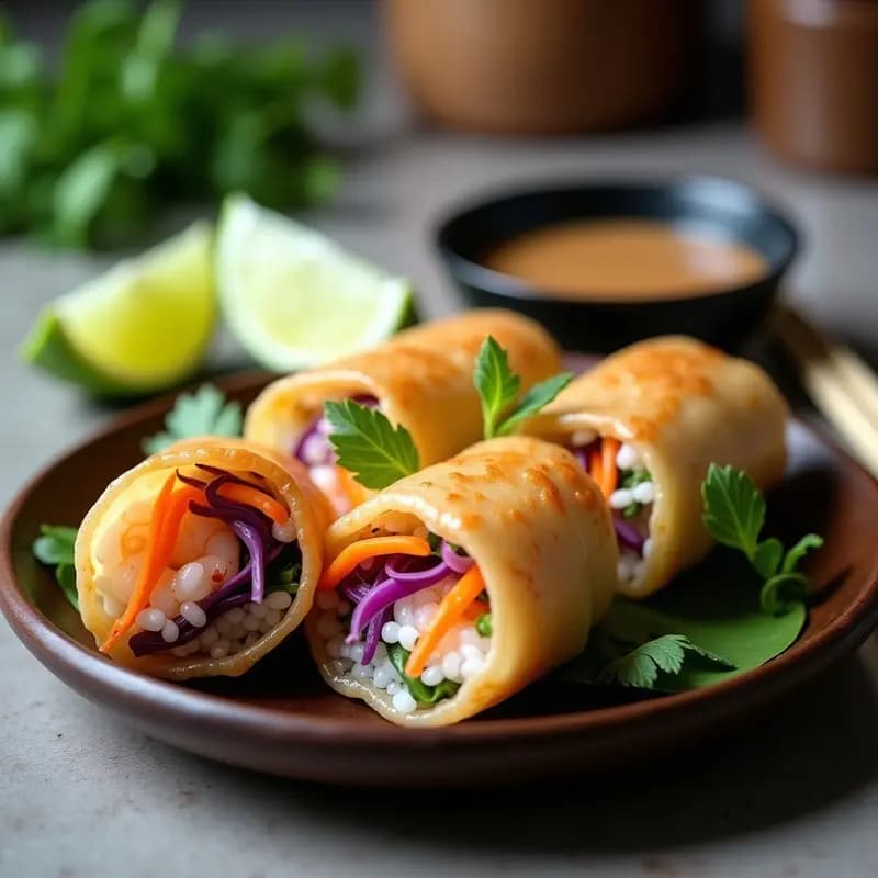 Rollos de primavera vietnamitas dorados y crujientes rellenos de gambas salteadas, vermicelli de arroz, col morada, zanahoria y hierbas frescas como cilantro y menta, servidos en una bandeja de bambú con salsa nuoc cham al lado.