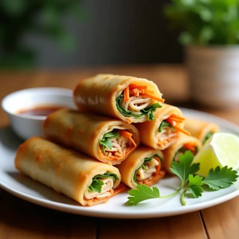 Rollos de primavera vietnamitas dorados y crujientes servidos en un plato blanco con salsa hoisin oscura y hierbas frescas, receta en airfryer sin gluten.