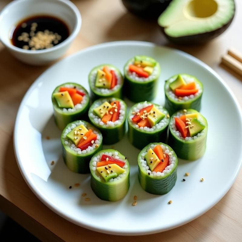 Plato blanco con rollos de sushi de pepino rellenos de aguacate cremoso, zanahoria rallada y pimiento rojo, espolvoreados con semillas de sésamo blanco y negro, acompañados de salsa de soja sin gluten en un cuenco pequeño.