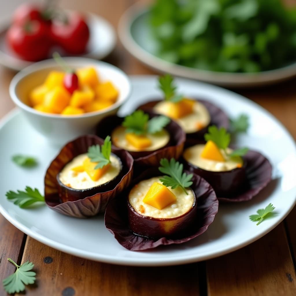Rolls de berenjena asada rellenos de queso de anacardos cremoso, envueltos en hojas de lechuga morada, servidos en plato blanco con salsa de mango fresca al lado. Receta vegana y sin gluten.