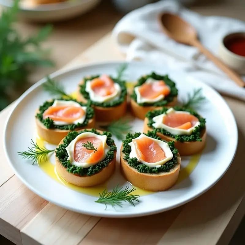 Plato blanco minimalista con Breezy Rolls de Salmón Ahumado y Queso Crema de Anacardos, cortados en diagonal sobre hojas de col rizada, decorados con eneldo fresco y un chorrito de aceite de oliva. Entrante escandinavo sin lactosa elegante y colorido.