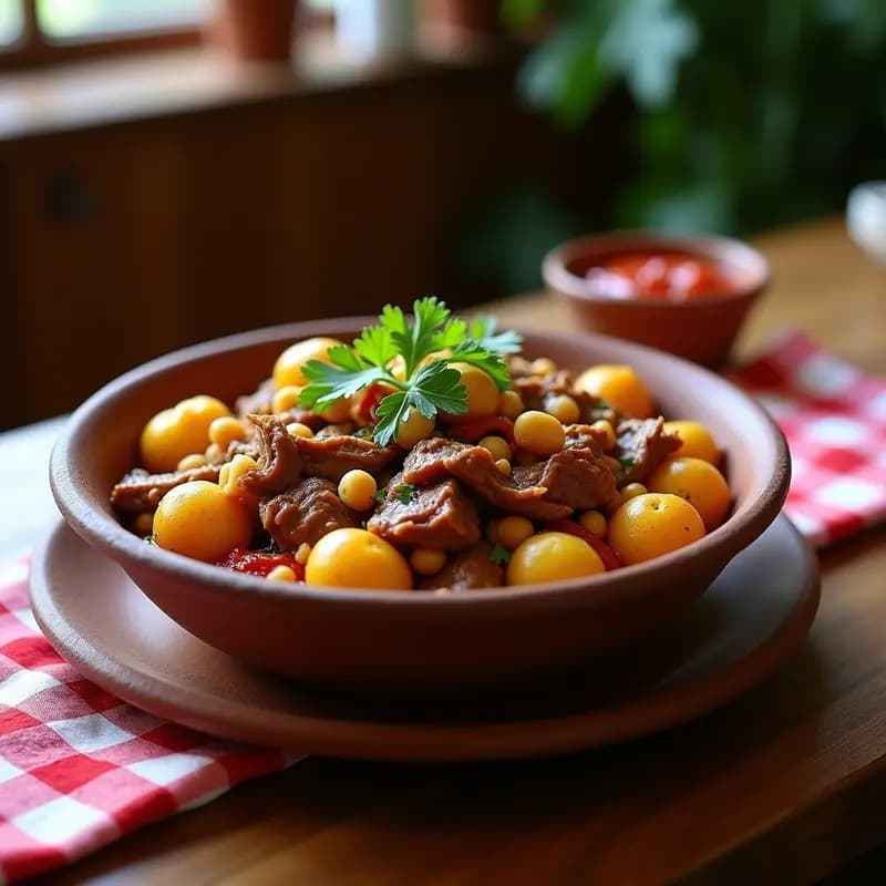 Plato hondo de barro con ropa vieja canaria: trozos de carne desmenuzada, garbanzos y papas arrugadas, decorado con cilantro fresco y mojo rojo al lado.