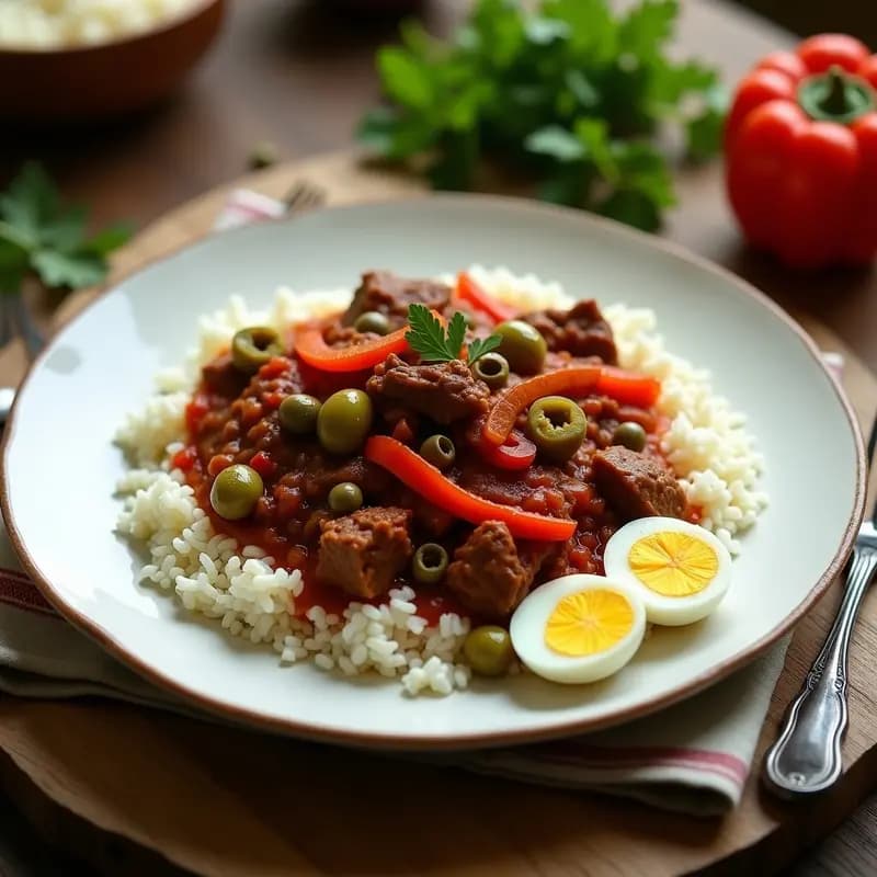 Plato hondo de cerámica blanca con ropa vieja cubana desmenuzada en salsa de tomate, servida sobre arroz blanco esponjoso, decorada con huevo duro picado, aceitunas verdes y alcaparras. Fondos de especias y hierbas frescas.