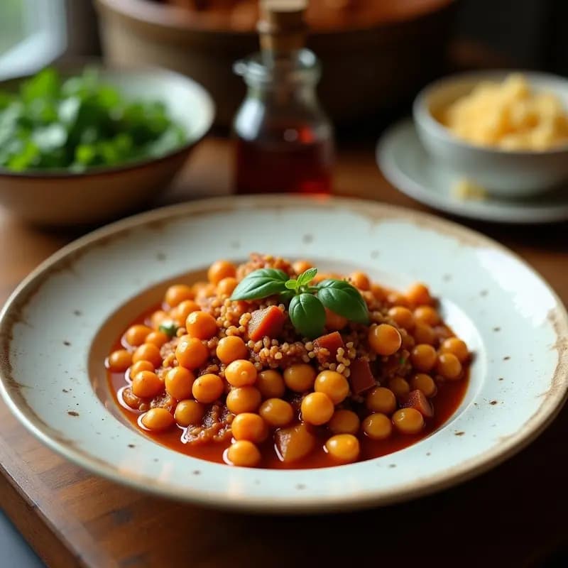 Plato hondo de barro con ropa vieja cubana vegana de garbanzos desmenuzados en salsa de tomate, pimientos y aceitunas, acompañada de arroz blanco y plátanos maduros fritos.