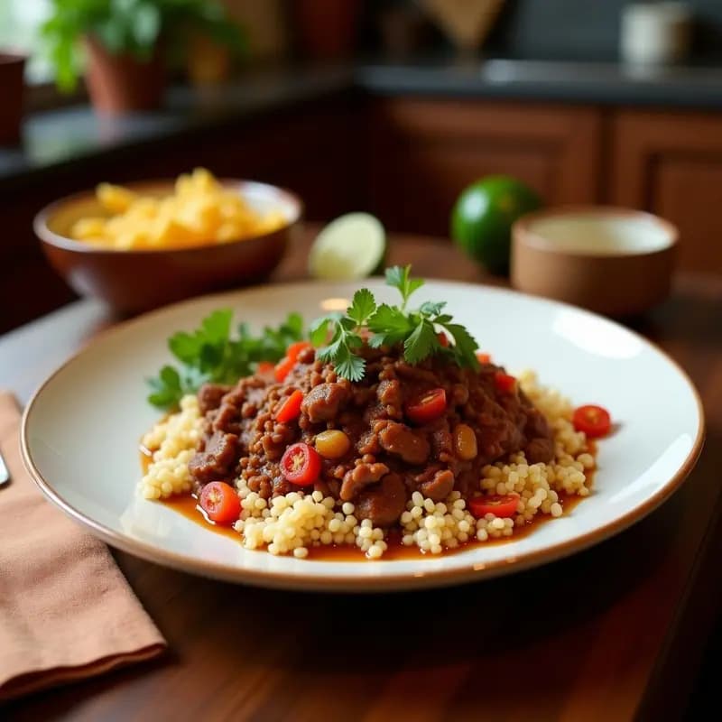 Plato hondo de barro con ropa vieja cubana desmenuzada en salsa de tomate, acompañada de rodajas de plátano macho maduro dorado y aceitunas verdes. Receta tradicional en olla lenta.