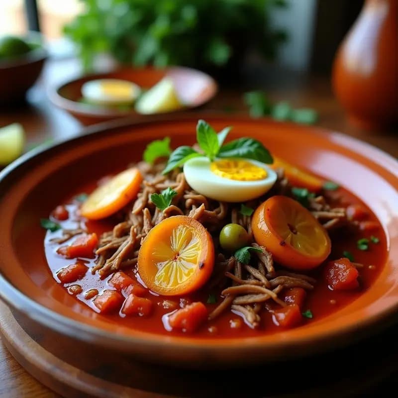 Plato hondo de barro con ropa vieja cubana: carne desmenuzada en salsa de tomate espesa, decorada con rodajas doradas de plátano maduro, aceitunas verdes y huevo duro picado. Fondo rústico con hoja de laurel.