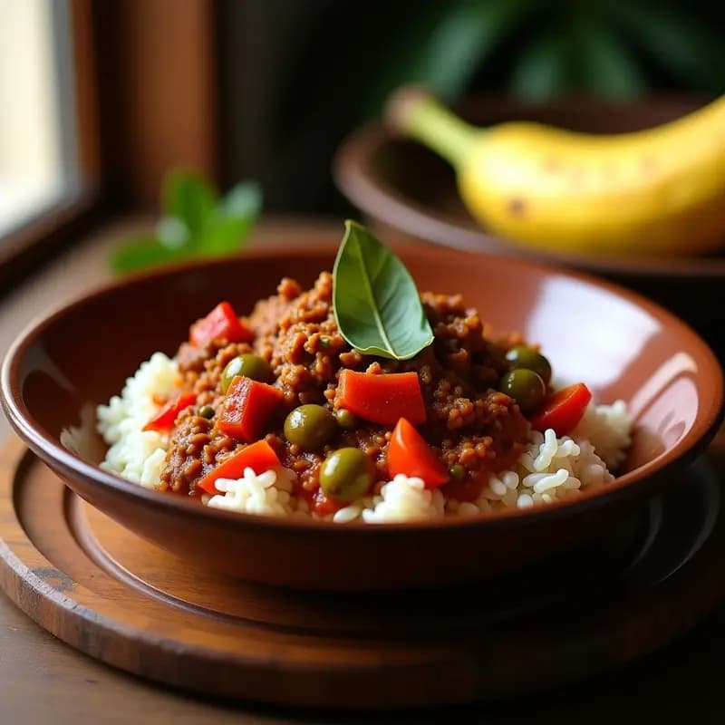 Plato hondo de barro con ropa vieja cubana: estofado de ternera desmenuzada en salsa de tomate con tiras de pimientos asados rojos y verdes, servido sobre arroz blanco esponjoso. Decorado con aceitunas verdes y alcaparras.