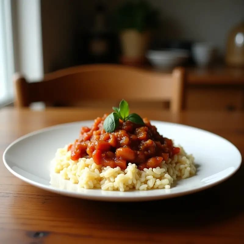 Plato hondo blanco con ropa vieja vegana de jackfruit desmenuzado en salsa de tomate especiada, servida sobre arroz blanco esponjoso y coronada con salsa criolla de cebolla morada, cilantro y limón. Acompañada de rodajas de aguacate y plátano maduro frito al lado.