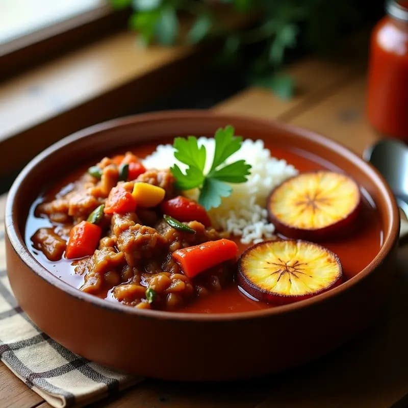 Plato hondo de barro con ropa vieja vegana de seitán desmenuzado y pimientos asados en salsa espesa, servida sobre arroz blanco y acompañada de rodajas de plátano maduro caramelizado. Decorado con cilantro fresco.