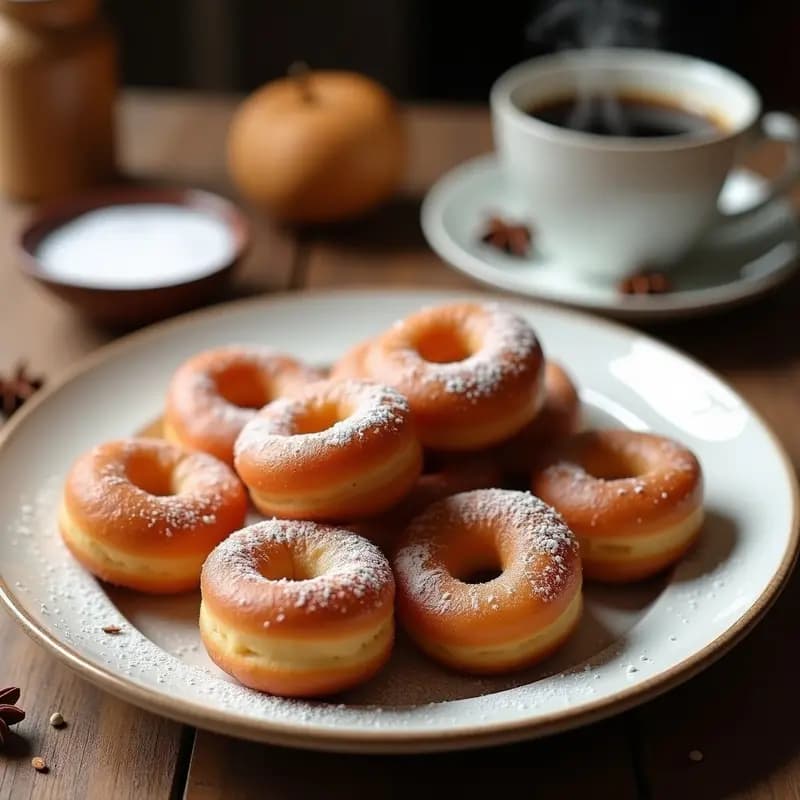 Roscas de anís doradas y esponjosas, postre tradicional castellano, espolvoreadas con azúcar glas sobre un plato de cerámica blanca, con granos de anís y una taza de café al fondo.