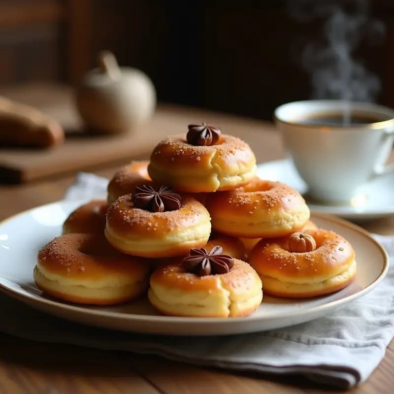 Roscos de anís dorados y esponjosos apilados en un plato de cerámica blanca, con granos de anís visibles y un fondo de taza de café humeante, típico postre madrileño.