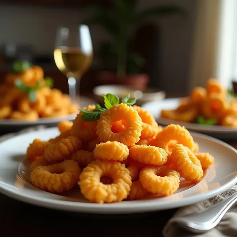 Roscos fritos de la abuela dorados y esponjosos, espolvoreados con azúcar glas y granos de anís, servidos en un plato rústico de barro sobre una mesa de madera. Al fondo, una taza de café y un paño de cocina a cuadros rojos y blancos.