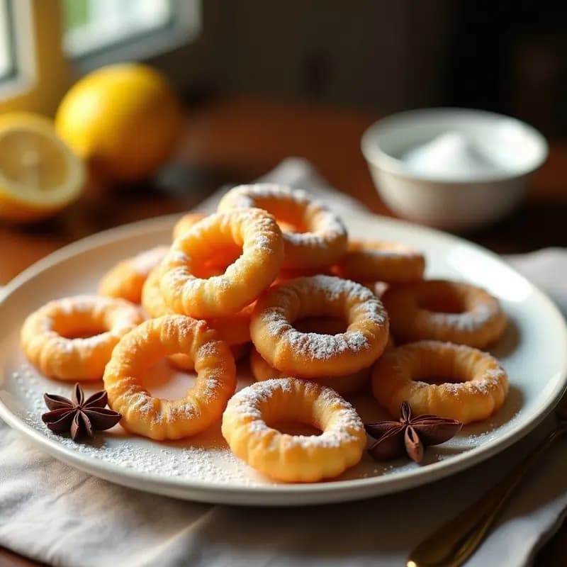Roscos fritos de anís y limón dorados y crujientes, apilados en un plato de cerámica blanca con azúcar glass y semillas de anís, sobre un mantel rústico de lino. Receta tradicional de Carnival para compartir en familia.