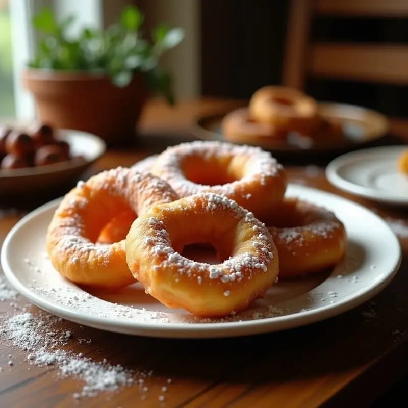 Roscos fritos de anís dorados y crujientes, espolvoreados con azúcar glas, dispuestos en un plato de cerámica blanca sobre una mesa rústica de madera, con granos de anís y una taza de café al fondo, receta tradicional española para fiestas.