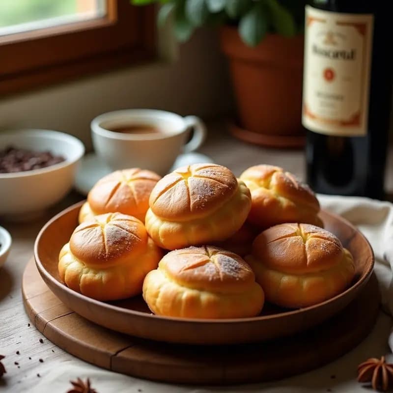Bandeja de madera con rosquillas doradas de vino y anís, postre típico de ferias y romerías, textura esponjosa y crujiente, espolvoreadas con azúcar glas.