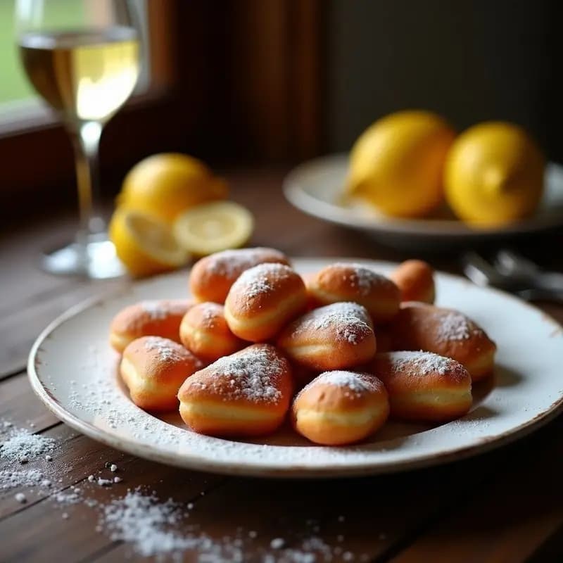 Plato blanco rústico con roscos de vino dorados y esponjosos, espolvoreados con azúcar glas, sobre fondo de madera oscura con una copa de vino blanco al lado. Receta tradicional andaluza.