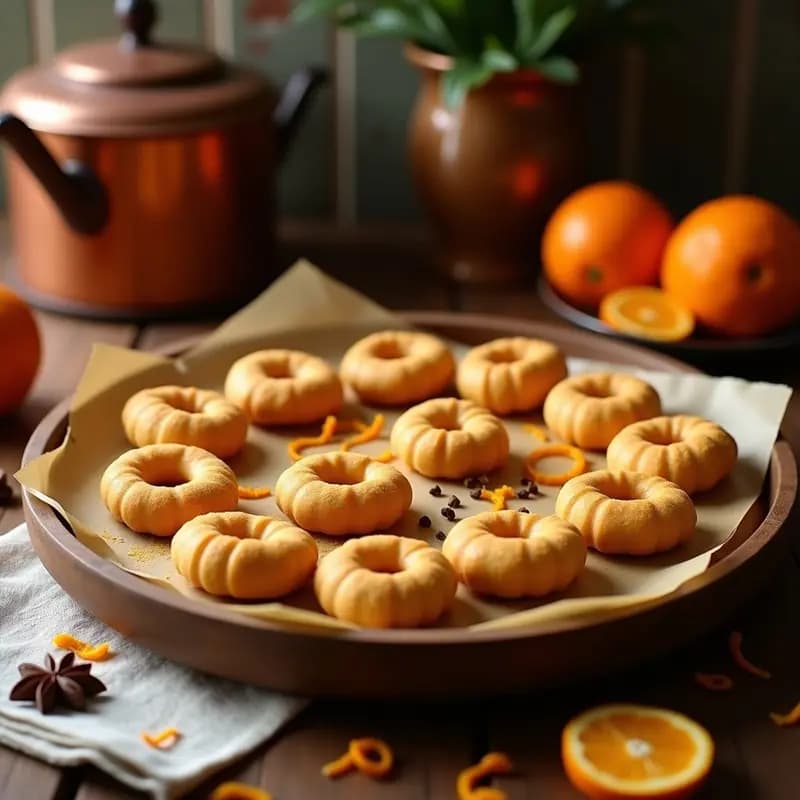 Roskas de anís y ralladura de naranja dispuestas en una bandeja de madera rústica, con textura esponjosa y dorada, espolvoreadas con anís en polvo, sobre un fondo de cocina tradicional alicantina.