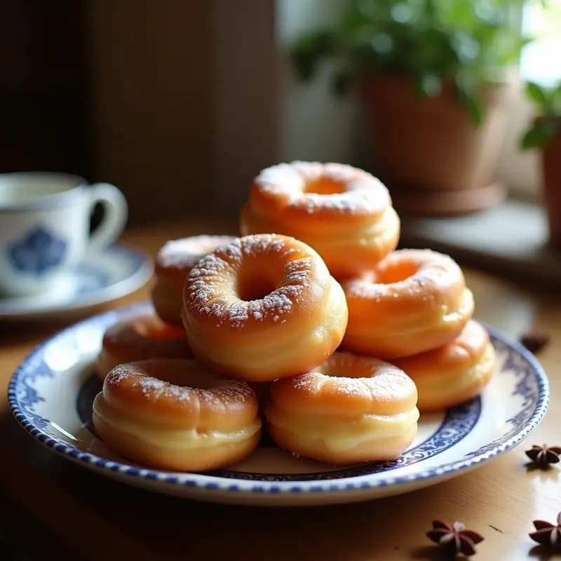 Rosquillas de anís de la abuela doradas y esponjosas, apiladas en un plato de cerámica blanca con detalles azules, espolvoreadas con azúcar. Postre tradicional andaluz sin horno.