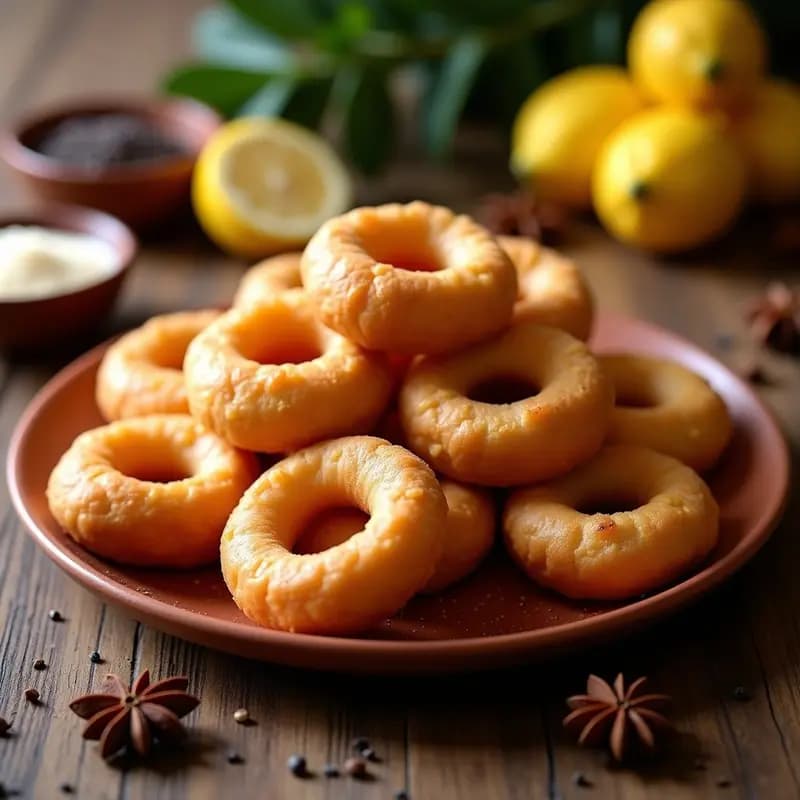 Rosquillas de Anís Caseras doradas y esponjosas, apiladas en un plato de barro rústico con detalles de anís en grano y ralladura de limón alrededor. Postre típico de feria español.
