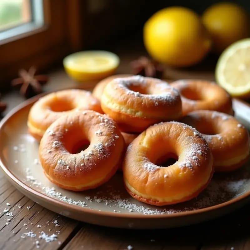 Rosquillas de anís y limón caseras, doradas y esponjosas, dispuestas en una fuente de barro con un limón en rodajas y semillas de anís al lado. Postre tradicional del Día de la Cruz.