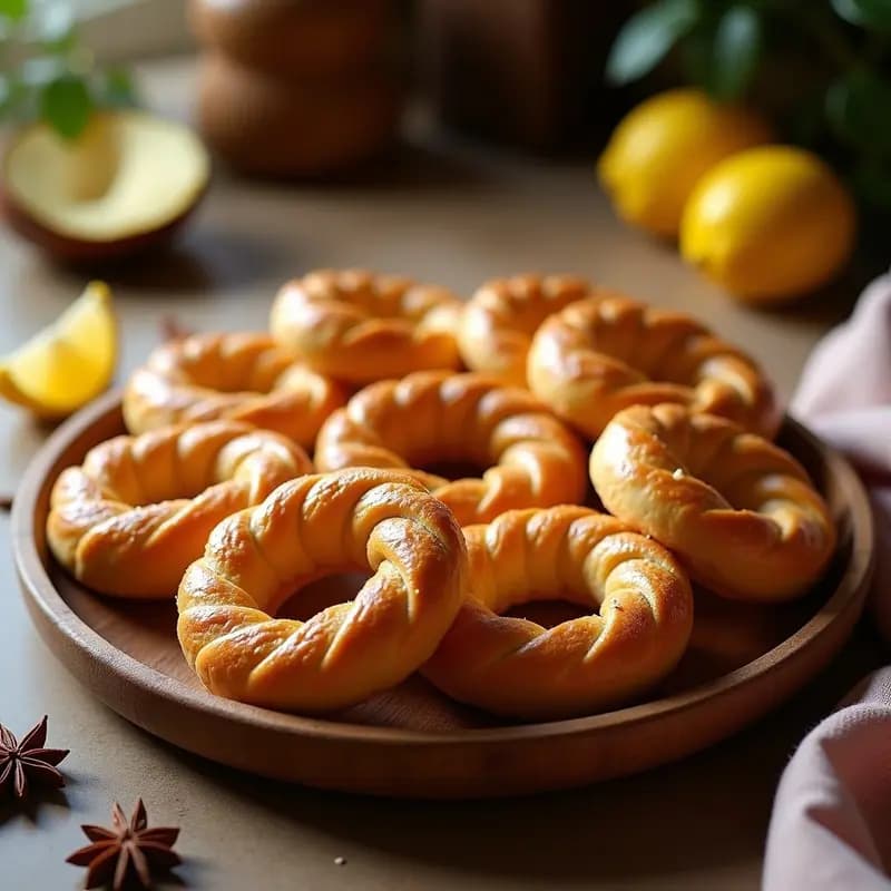 Rosquillas de anís y limón en forma de lazo, doradas y esponjosas, dispuestas en una bandeja de madera con granos de anís visibles y ralladura de limón como decoración. Receta tradicional de feria española.