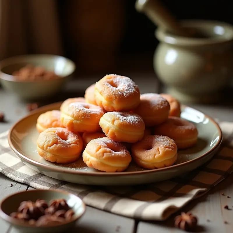 Rosquillas de anís típicas de Madrid recién fritas, doradas y cubiertas de azúcar blanco, dispuestas en un plato de barro rústico con un paño de cuadros al fondo.