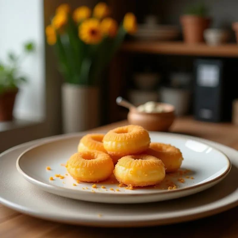 Rosquillas doradas y esponjosas de anís y ralladura de limón, apiladas en un plato de cerámica blanca sobre una mesa rústica de madera, con granos de anís y rodajas de limón frescas como decoración, receta tradicional de San Isidro.