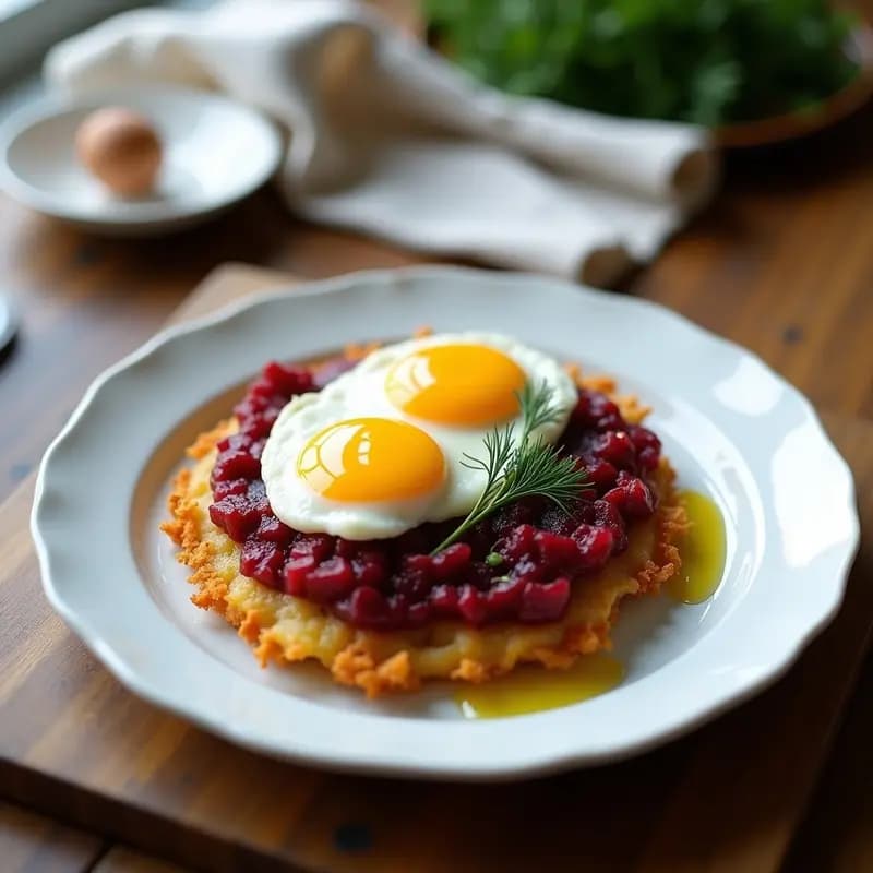 Rösti Suizo de Remolacha y Patata con Huevo Poché: Desayuno Alto en Proteína