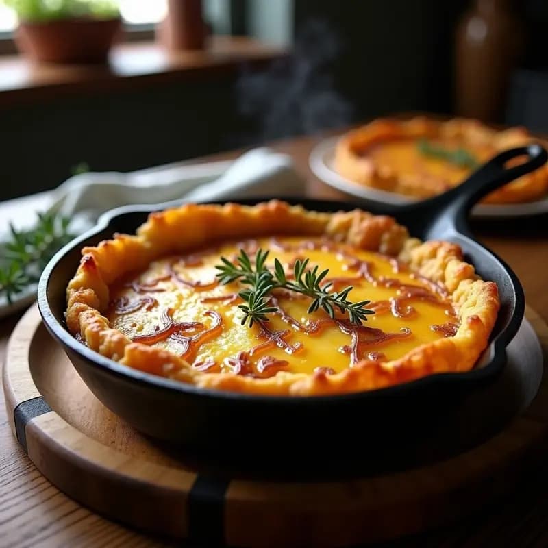 Rösti suizo dorado y crujiente en sartén de hierro fundido, cubierto con cebolla caramelizada brillante y queso Gruyère derretido, decorado con hojas de tomillo fresco. Plato rústico de madera de fondo con textura de cocina alpina.
