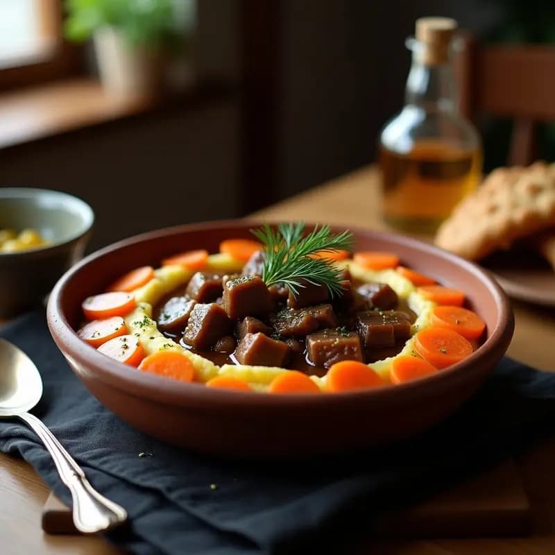 Plato hondo de barro con Rostov de Ternera en salsa oscura, acompañado de puré de patatas cremoso y zanahorias glaseadas brillantes, decorado con eneldo fresco. Receta rusa tradicional en olla lenta.