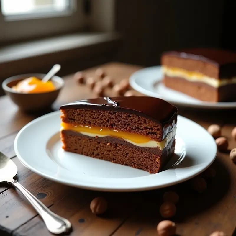 Torte de Sachert Austenaco cortada en porciones, mostrando capas de bizcocho de almendra y avellana con mermelada de albaricoque y cobertura brillante de chocolate negro 85%, servida en plato blanco sobre fondo rústico.