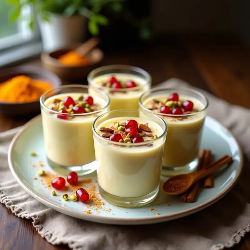 Copas de cristal transparente llenas de pudín sahlab cremoso, coronado con pistachos tostados, almendras laminadas, canela en polvo y semillas de granada, sobre un mantel rústico de lino con detalles florales.