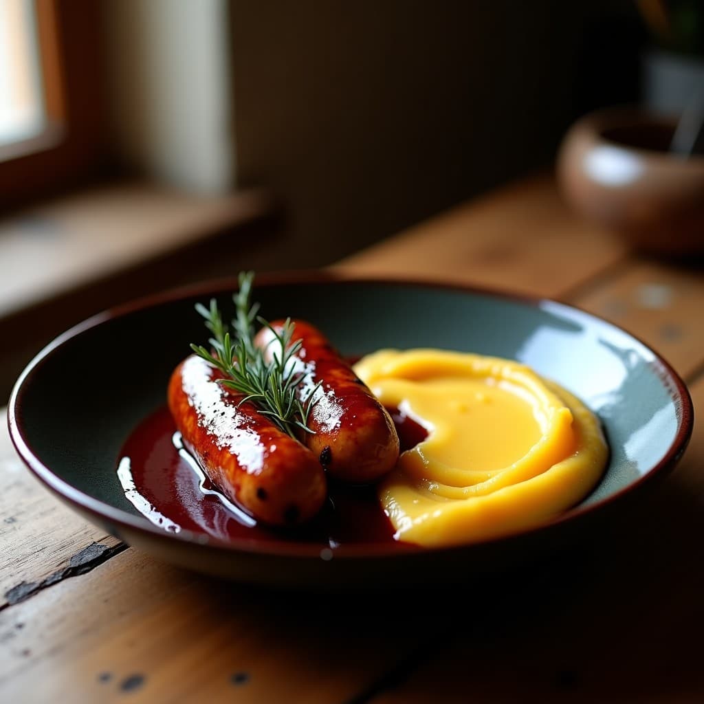 Plato hondo de cerámica oscura con dos sálchichas de seitán doradas bañadas en salsa de vino tinto espesa, acompañadas de puré de colinabo cremoso y decoradas con hojas de tomillo fresco. Receta vegana alemana reconfortante.