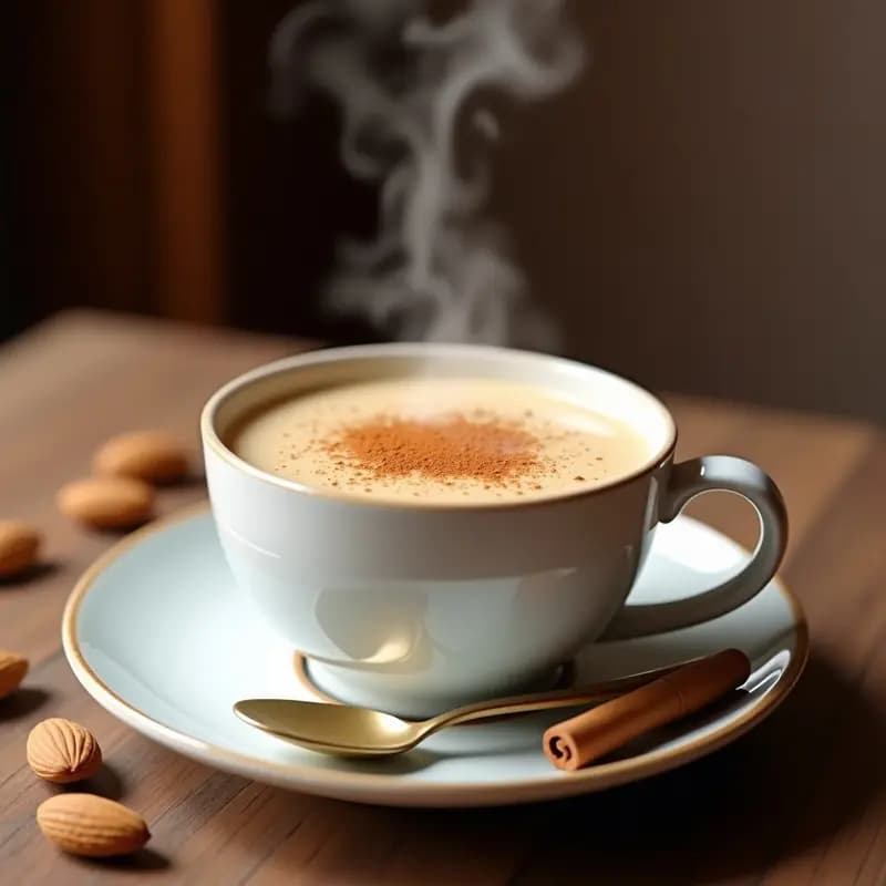 Taza de cerámica blanca humeante con salep turco cremoso, espolvoreado con canela molida y acompañada de una rama de canela y almendras tostadas sobre una mesa de madera rústica.